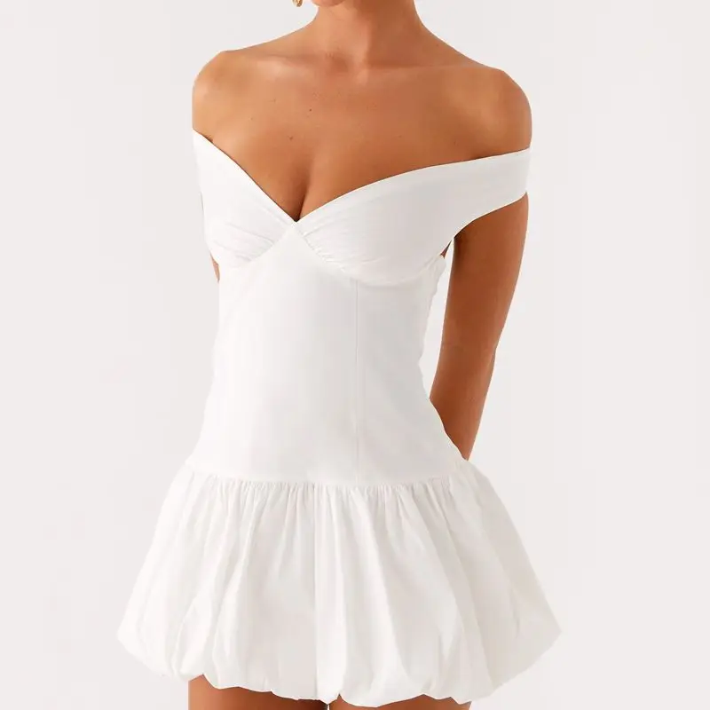 Combhasaki Women Summer Solid Color/Polka Dot Slash Neck Off Shoulder Backless Cutout Pleated Puffball Hem Short A-line Dress