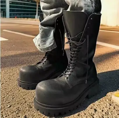 Unisex Women Men Black Matte Leather Big Round Toe Cross Tied Lace Up Front Mid-calf Boots Thick Sole Chunky Heels Short Boots