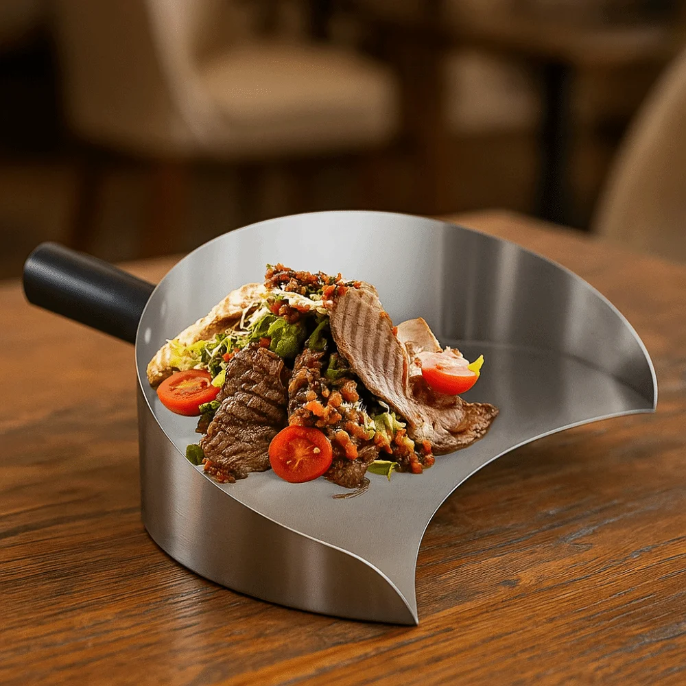 

Crescent Shape Barbecue Shovel Stainless Steel Rust-proof Kebab Doner Shovel Handheld Anti-scalding Handle Rotisserie Catch Pan
