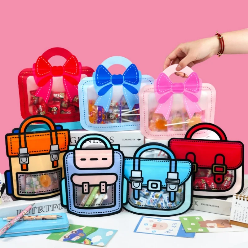 StoBag 10pcs Cartoon Ziplock Bags Candy Snack Packaging Tote Handle with Window Cute Small Kids Plastic Sealed Food Storage