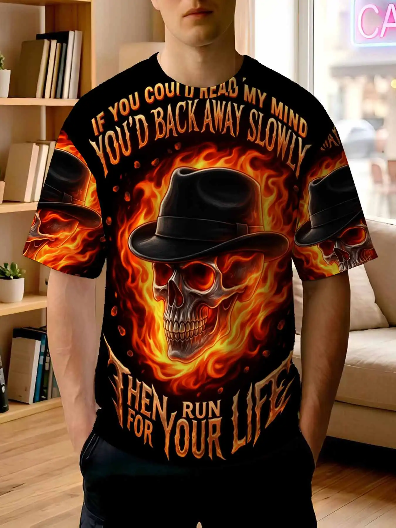 Camiseta estampada nueva 2026 para hombre con estampado de calavera de llama oscura: Si lees mi mente, te retirarás y then correrás por tu vida.