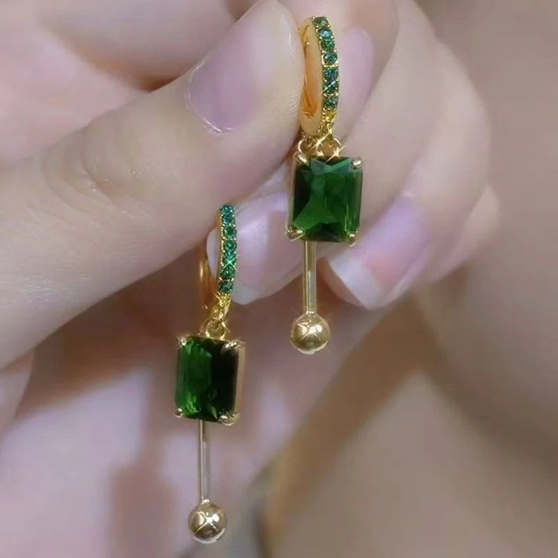 Green Crystal Square Pendant Tassel Round Bead Rhinestone Earrings for Women New Fashion Elegant Temperament Girls Party Jewelry