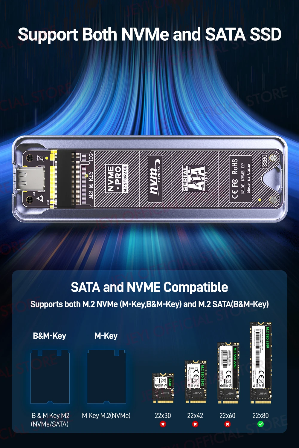 JEYI Visual Smart M.2 NVMe NGFF SSD-Gehäuse, unterstützt 5s-Schreibschutz, 3s Re-connect, USB 3.2 Gen2 10 Gbit/s, UASP-Trimmung – Detail 11