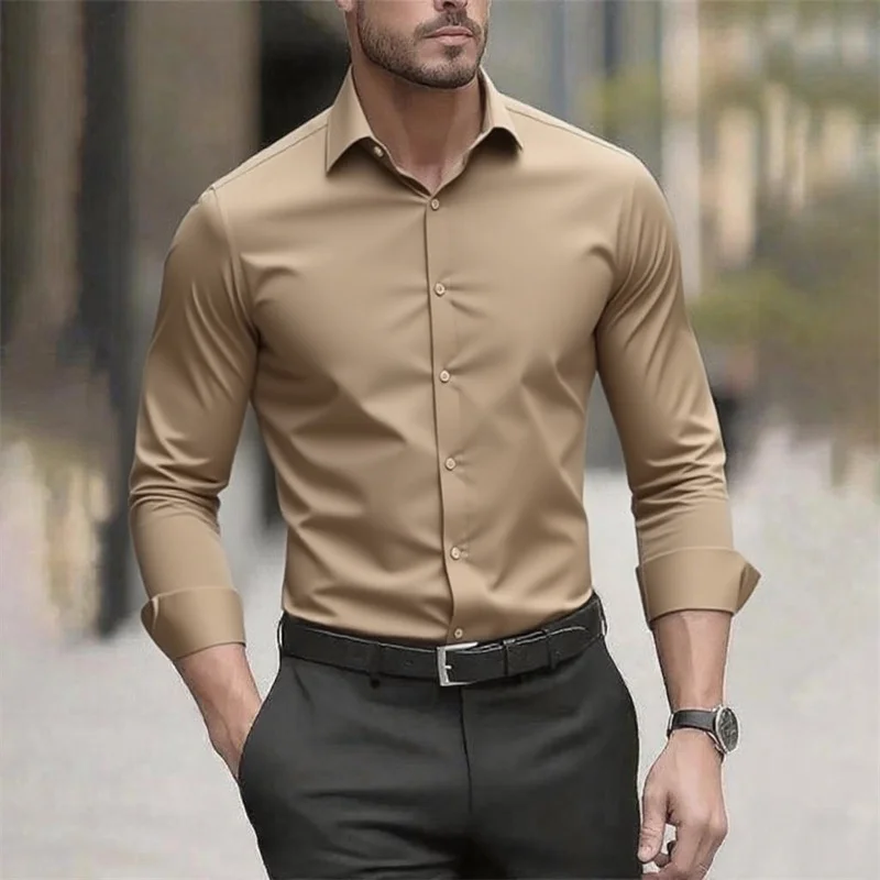 Effen herenoverhemd, casual wit overhemd, hoogwaardige effen kleur stretchstof met lange mouwen, zakelijk formeel overhemd, XS-6XL