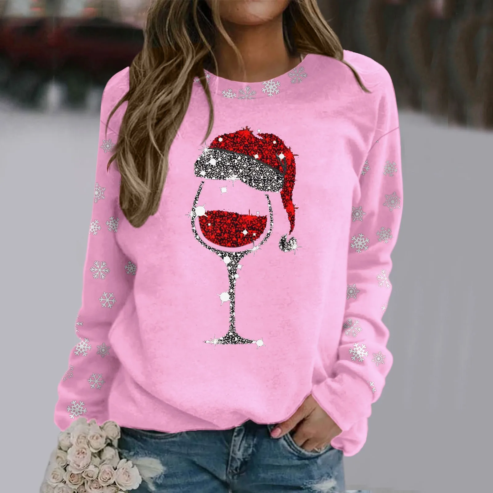 Weihnachts druck Rotwein Tasse T-Shirt Damenmode lässig Rundhals ausschnitt Langarm Pullover Pullover neue 2024 Femme Kleidung Tops