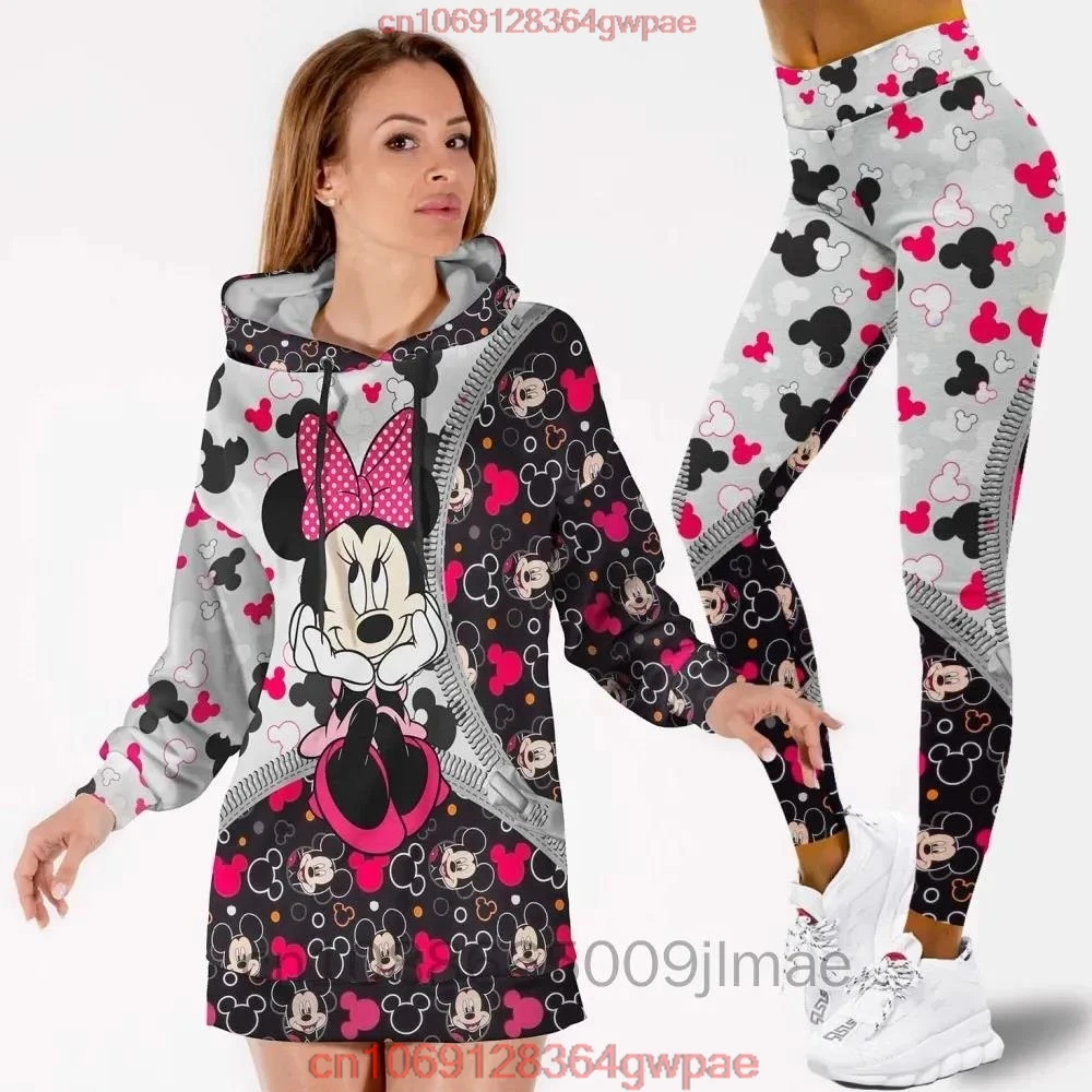 Disney Minnie Mickey Women\'s Hoodie Dress Leggings Set High Waist Yoga Pants Set Disney Yoga Leggings Hoodie Fashion Sports Suit