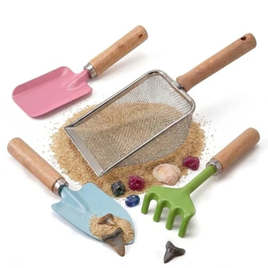 Beach Sand Toys for Toddlers, Beach Mesh Shovel Rake Set with Sifter and Shell Clipping Tongs, Travel Mesh Scooper for Digging,