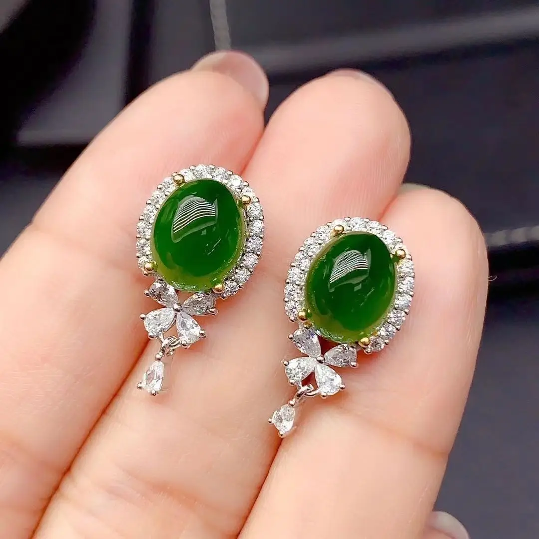 Classic design spinach green natural chalcedony earrings for women silver 925 full diamond flower earings stud wedding jewelry