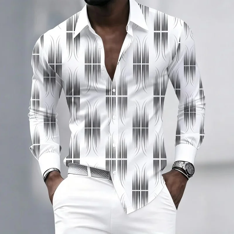 Men's shirt with artistic lines, geometric grid pattern, long sleeved top, contrasting color, business casual, comfortable shirt