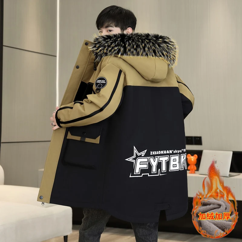 Casual Men's Mid-Length Hooded Fleece Jackets Winter Warm Parkas Youth Streetwear Thicken Plush Coats Windbreaker Tops Clothing