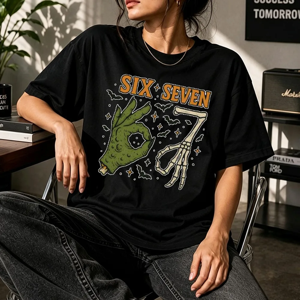 Vintage Six Seven Skeleton T Shirt Men Women Halloween Graphic Tees Cotton Short Sleeve Gothic Streetwear Tops Women Clothing