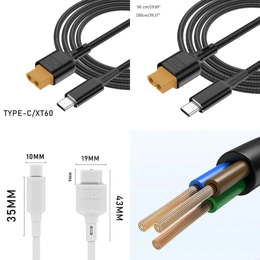 E1PF Multi-Function Type C to XT60 Charging Cord XT60 Cable Replacement Fire-Resistant and Environmentally Friendly