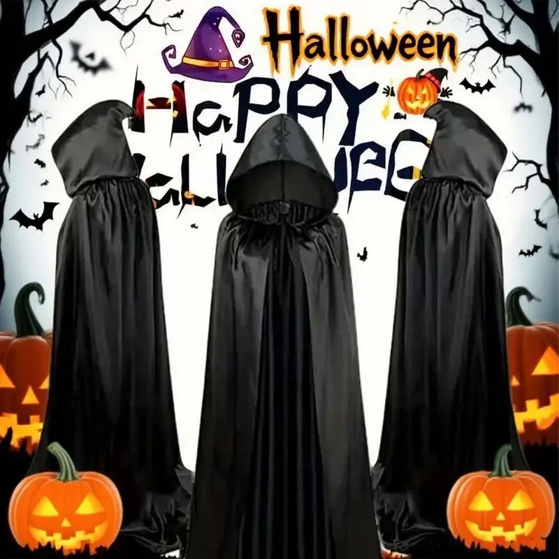 Halloween Masquerad Cloak Hooded Black Robe Witch Long Cape Cosplay Costume Prop Party Performance Supplies Holiday Decoration