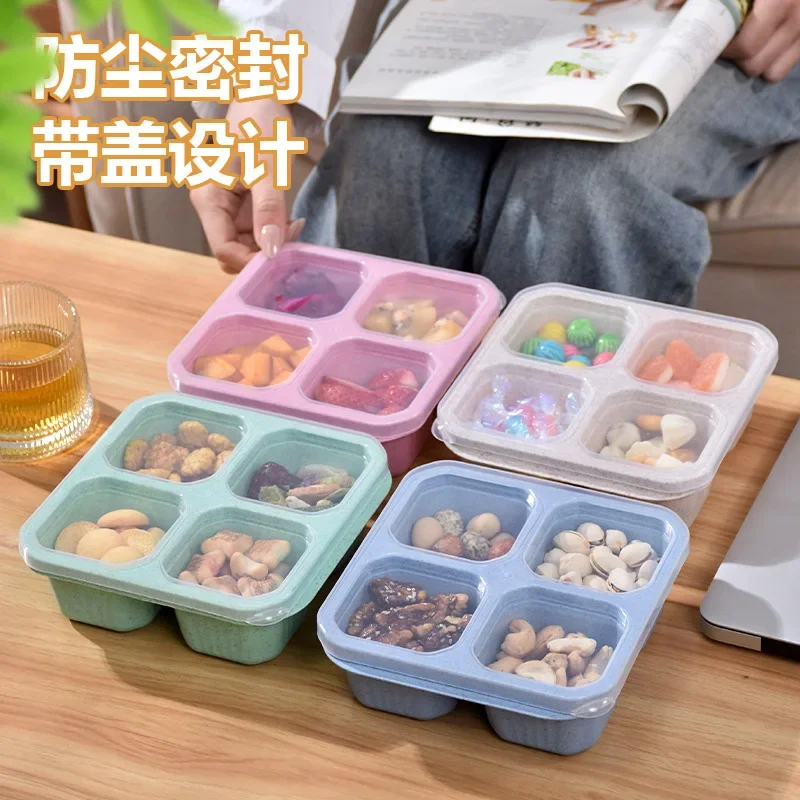 4 Grids Bento Case Food Storage Container Storage Box Lattice Design Lunch Box Wheat Straw Portable Bento Box Dinnerware