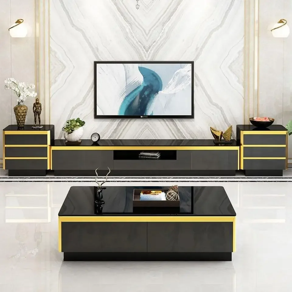 Modern luxury elegant black gold tv display stand white tv console stands and coffee table set living room latest design simple