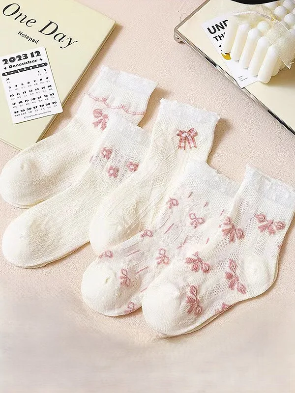 5 Pairs of Summer Baby Socks, Cute Socks with Bows and Mesh Texture, Comfortable, Breathable and Sweat-Wicking
