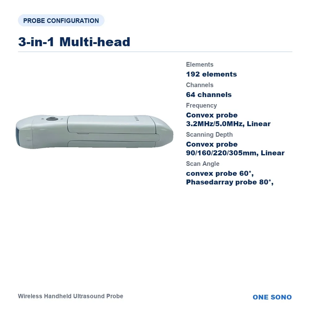9CPL Wireless Handheld Ultrasound Probe, 3-in-1 (Convex + Linear + Phased Array) Rechargeable, 192 Elements, for Abdomen, OB/GYN