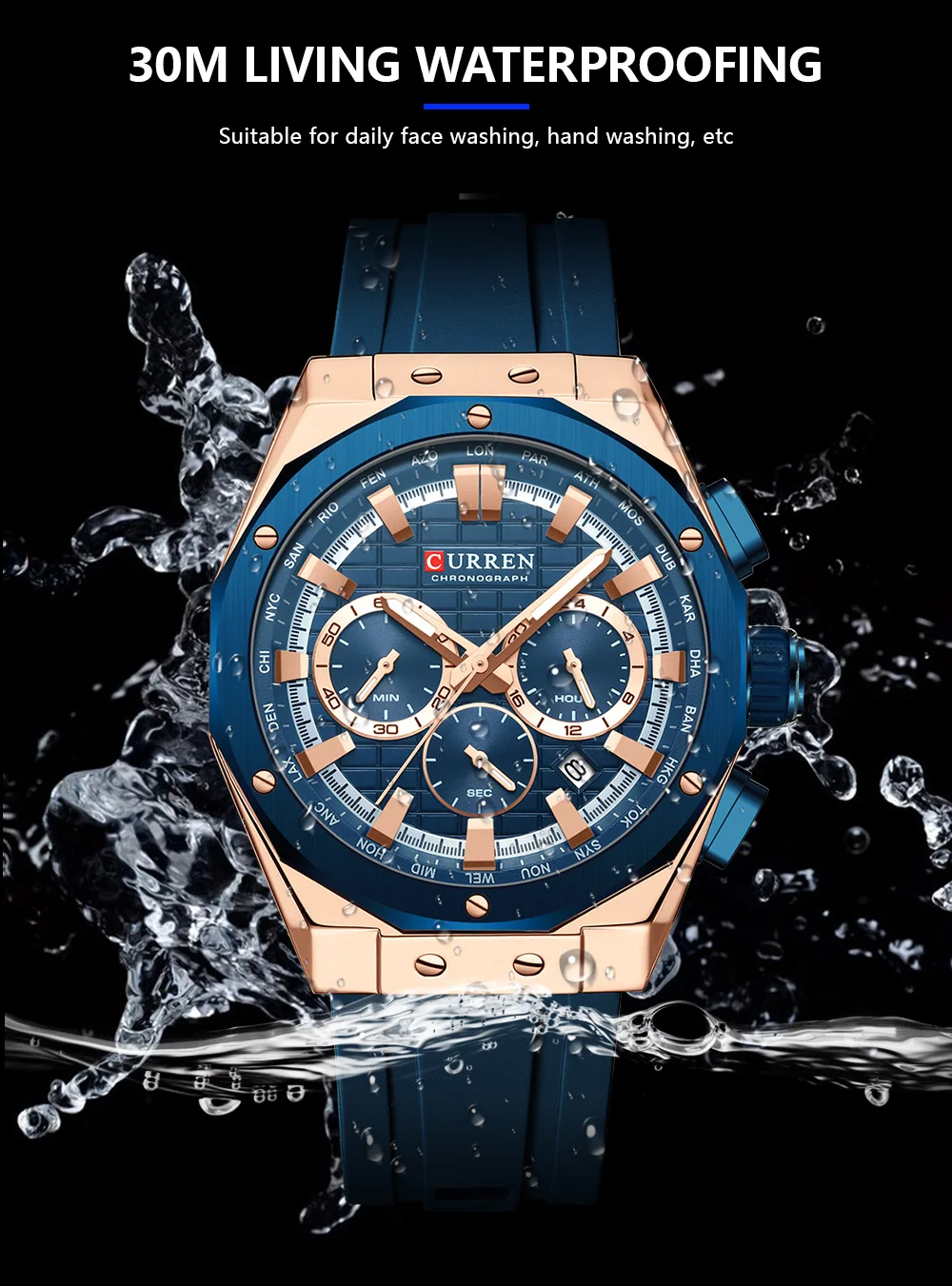 CURREN Luxusmarke Hochwertige Chronograph-Leuchtuhren für Herren mit Silikonarmband, Lässige Sportliche Wasserdichte Quarz-Armbanduhr – Detail 7