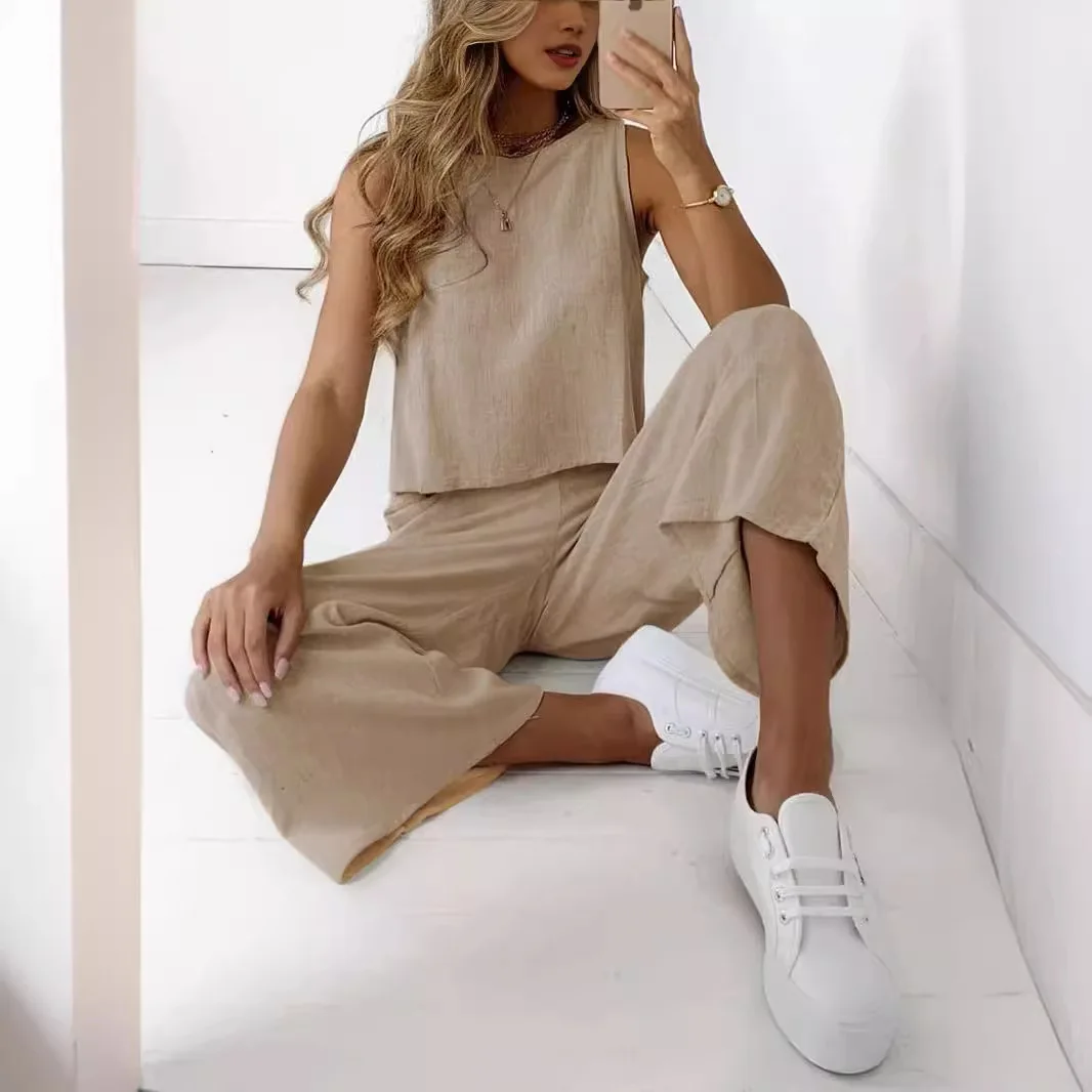 Women\'s New Cotton Linen Suit Summer Casual Sleeveless Round Neck Top Trousers Wide Leg Pants Two-piece Set For Women