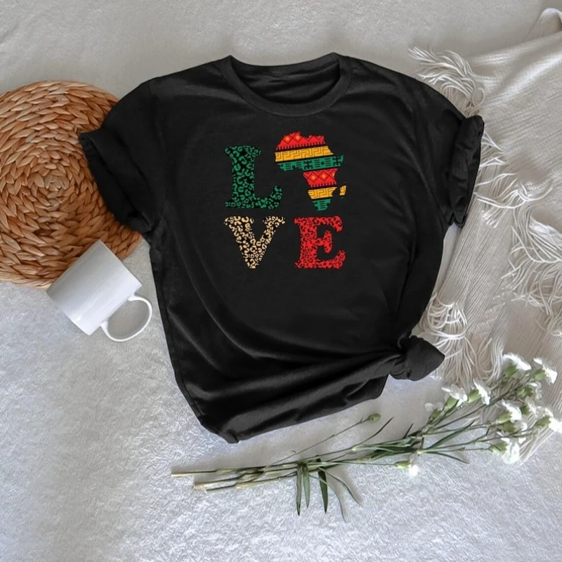 

Pan African Heritage T-Shirt Black Pride Unity & Freedom Love Letters Printed T-shirt Tops Commuter All-match Casual Style Tee