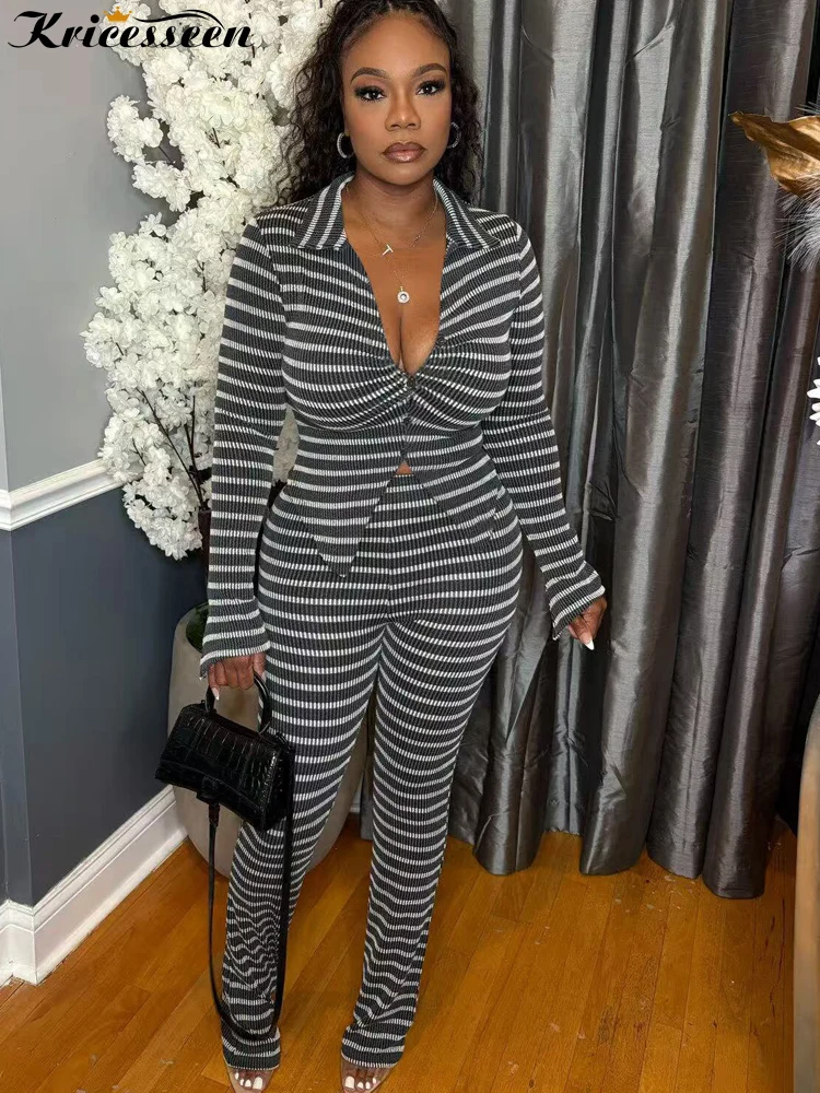 

Kricesseen ​ ​ Повседневный деловой полосатый вязаный комплект из двух предметов: женский пиджак и брюки ​ Блейзер в рубчик с V-образным вырезом, комплект клубной одежды