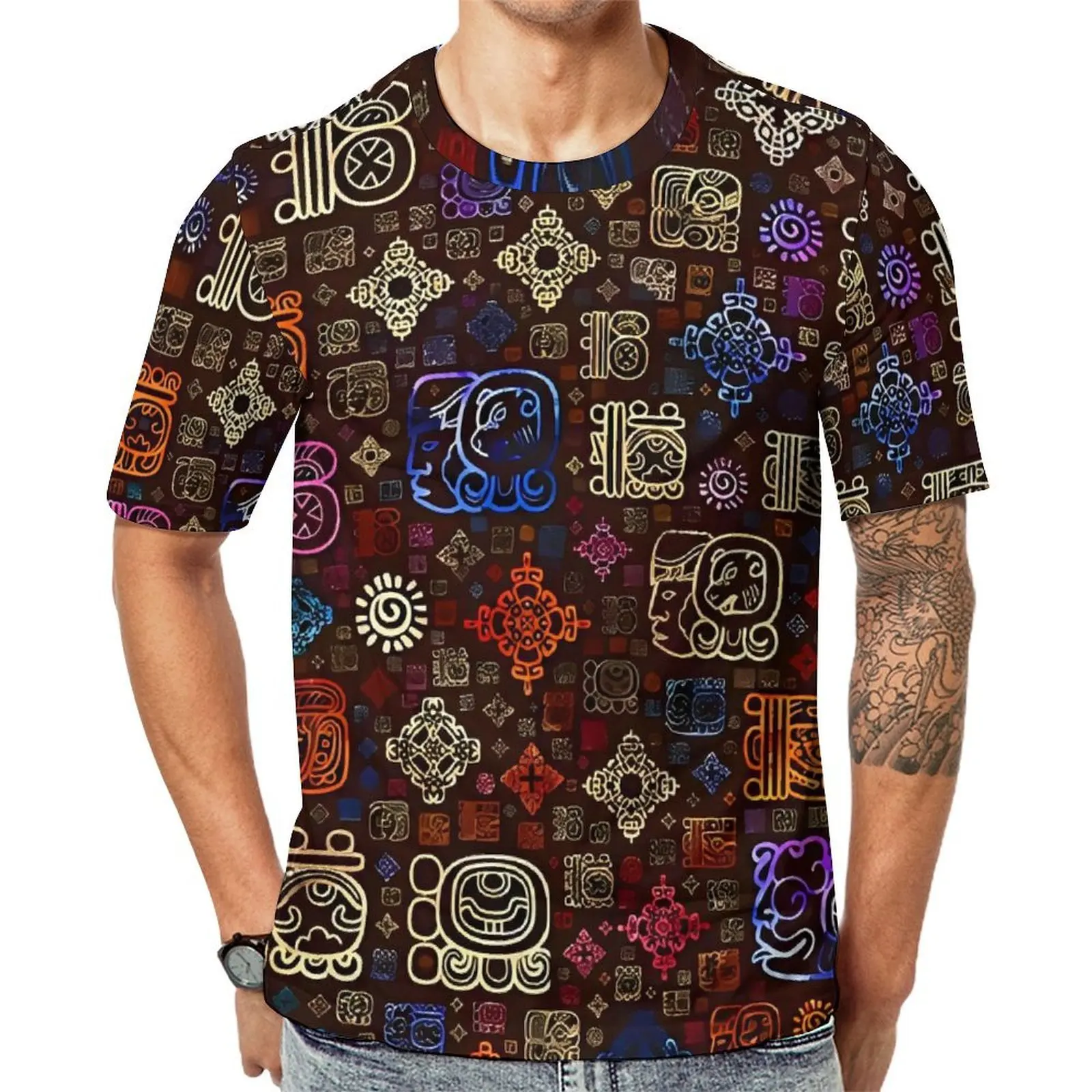 Summer T-Shirt Aztec Art T Shirts Mayan Glyphs Casual Harajuku Tee Shirt For Men Short Sleeve Graphic Oversized Clothing