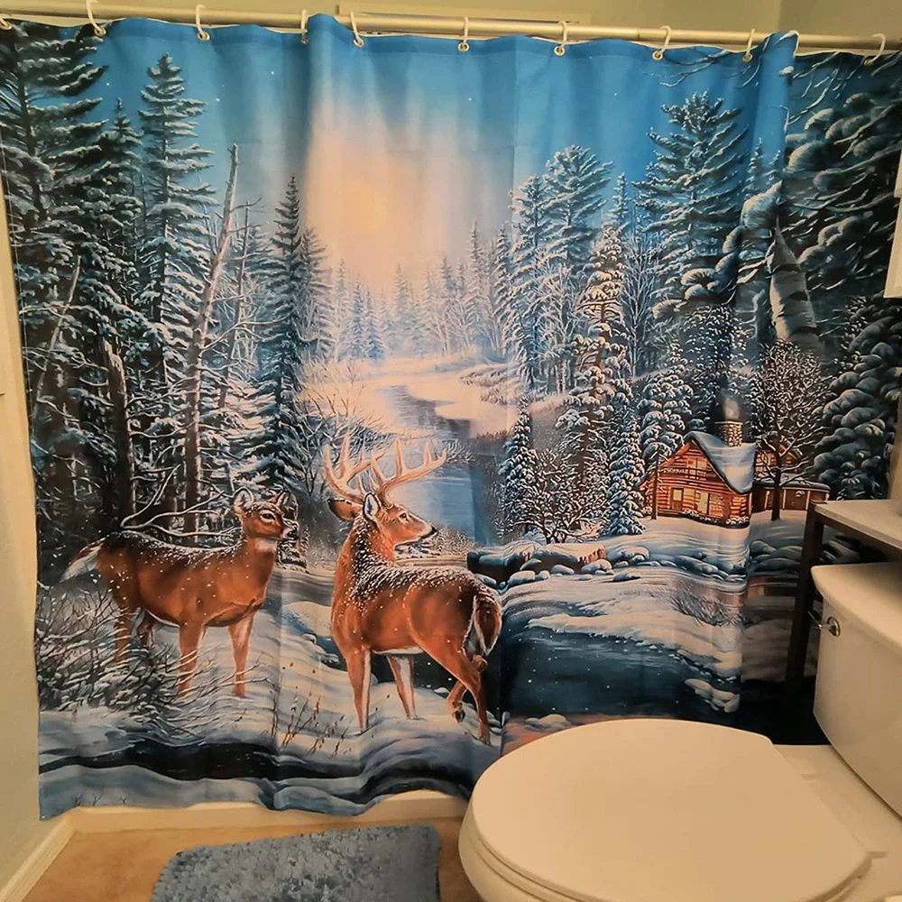 Winter Christmas Shower Curtain Xmas Reindeer Nature Forest Snowy Scenery Farmhouse Bath Curtain Polyester Fabric Bathroom Decor