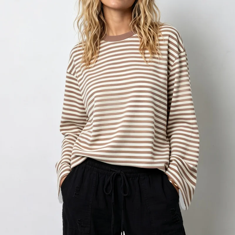 Womens Flare Long Sleeve Shirts Oversized Striped Pullover Tops Loose Fit Crewneck TeeY2K Streetwear Tops