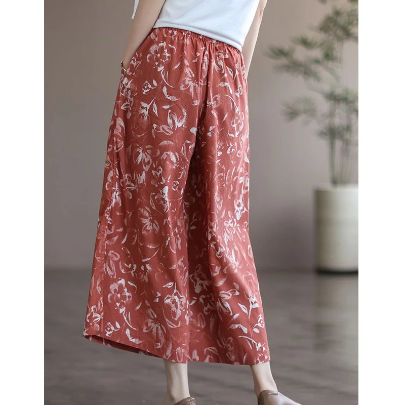 Women Vintage Ethnic Style Print Cotton Elegant Wide Leg Pants 2023 Summer High Waist Loose Cropped Trousers Pantalones De Mujer