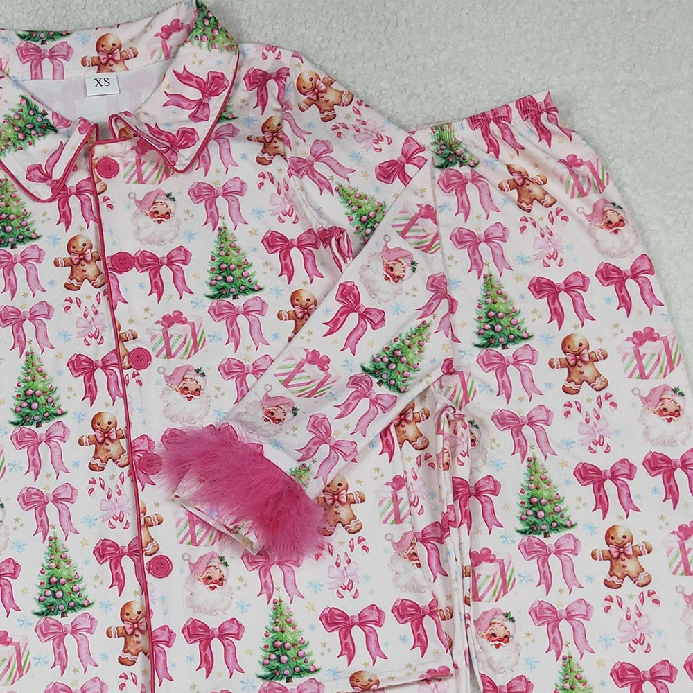 رائجة البيع عيد الميلاد الكبار النساء منامة مجموعة موضة أمي الفراء شجرة الزنجبيل كم طويل زر أسفل القمم السراويل ملابس خاصة الزي