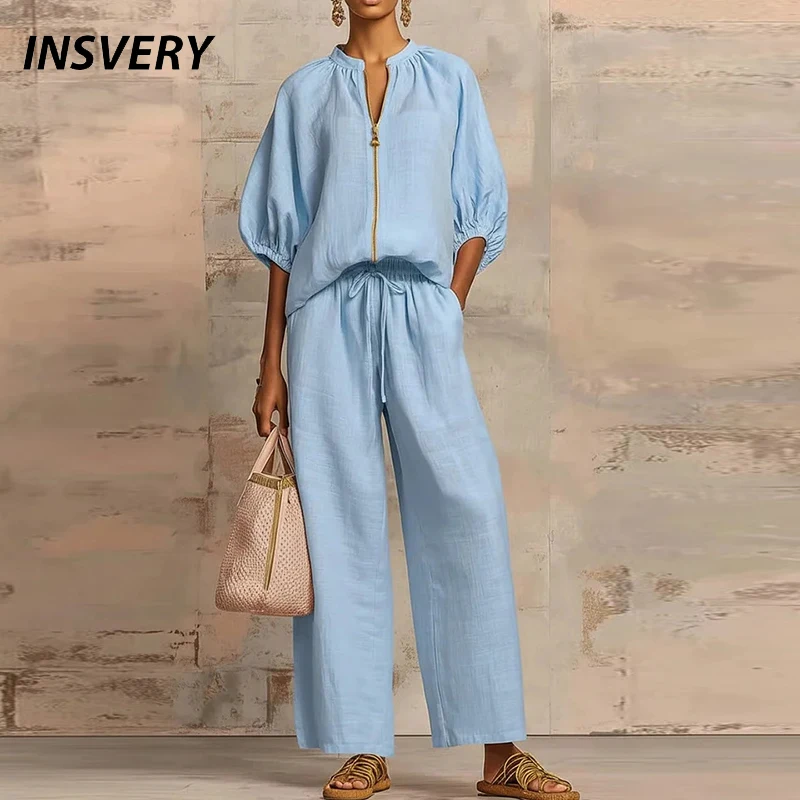 

Summer Casual Women Two Piece Set Zipper Three Quarter Sleeve High Waist Drawstring Pants Suit Women Loose Long Pants Suit
