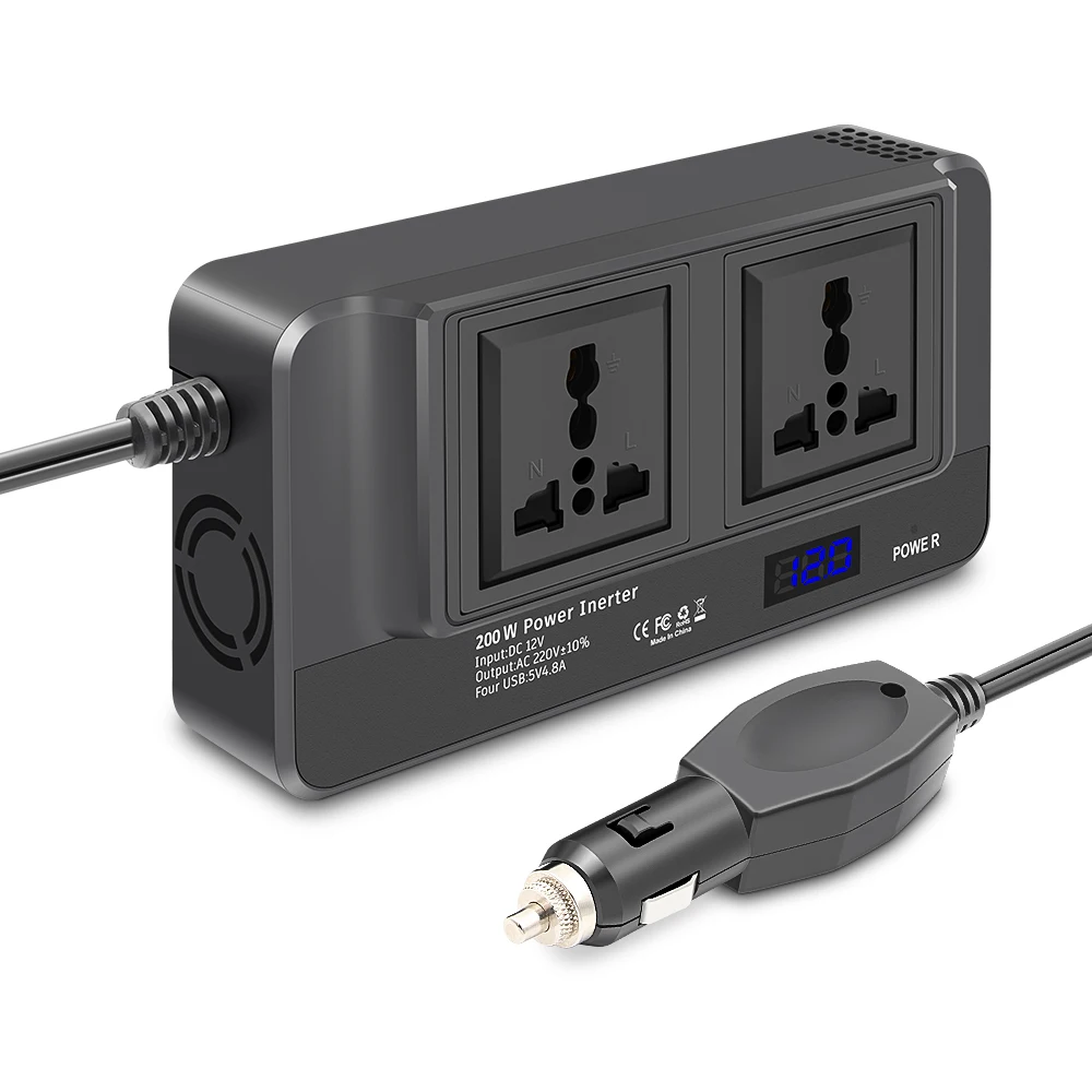 

Автомобильный инвертор постоянного тока 12 В в переменный ток 110 В 220 В, универсальные розетки, 2 розетки переменного тока, 4 порта USB, модифицированный синусоидальный преобразователь мощности 200 Вт