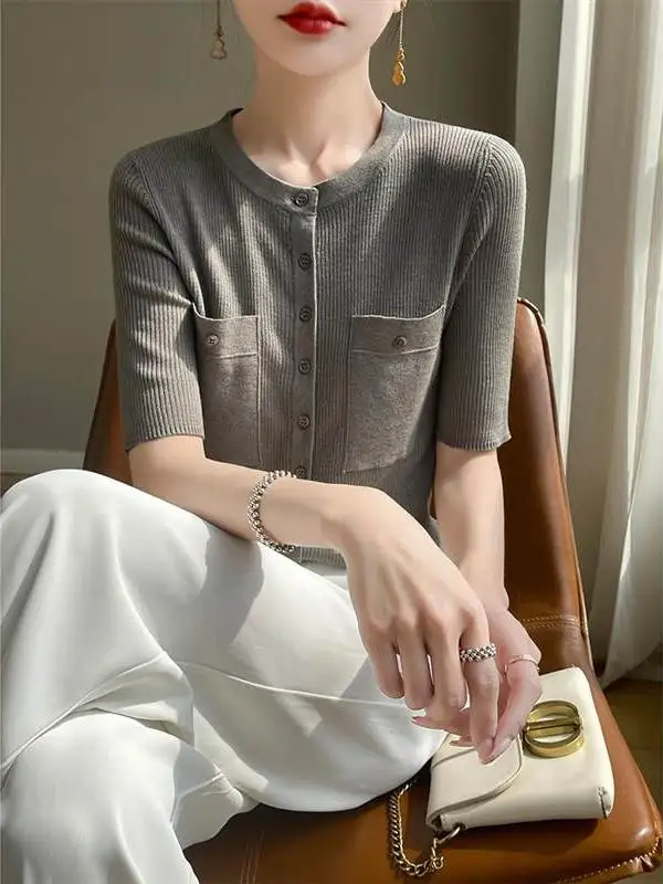 

Ele round Ne Knitted ort Sve Open Cardigan Women's Summer Thin Sle f Sve T-irt Top Loose Fit Knitted