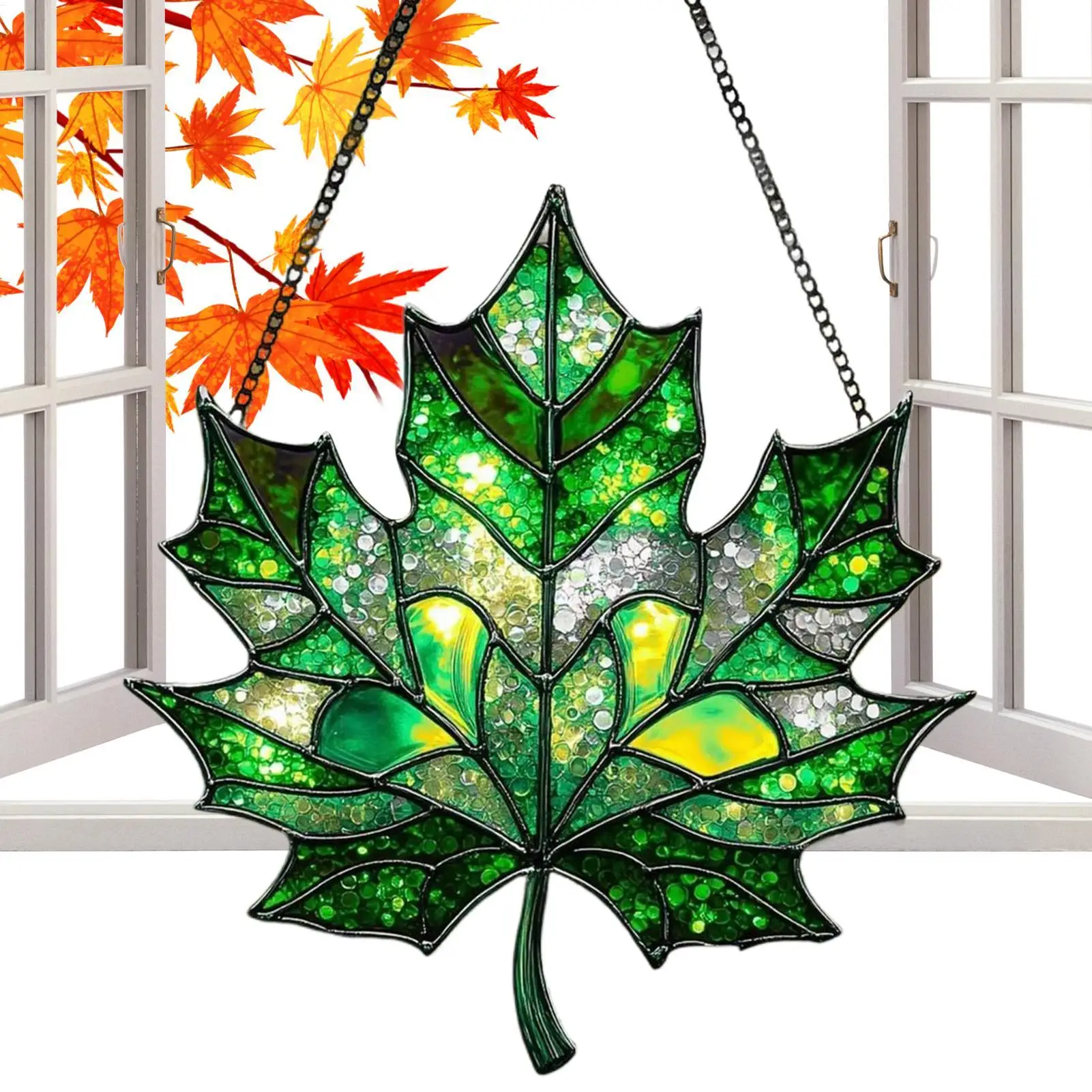 Stained Glass Window Hanging 2D Flat Maple LeafFall Suncatchers 3.2 inch Acrylic Sun Catchers Indoor Window for Winter