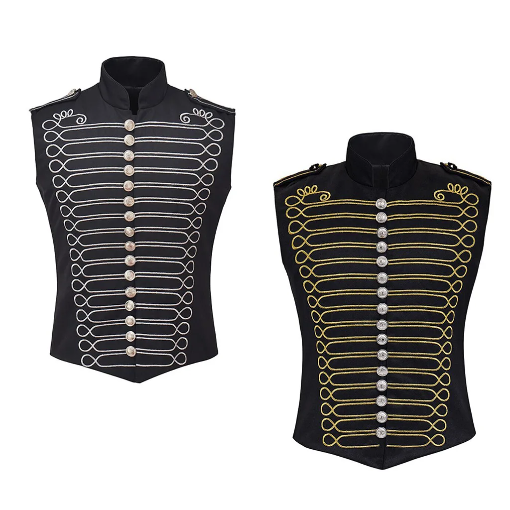 Adult Cosplay Rock Band Black Red Vest Jacket Punk Military Drummer Sleeveless Parade Vest Marching Band Medieval Vintage Top