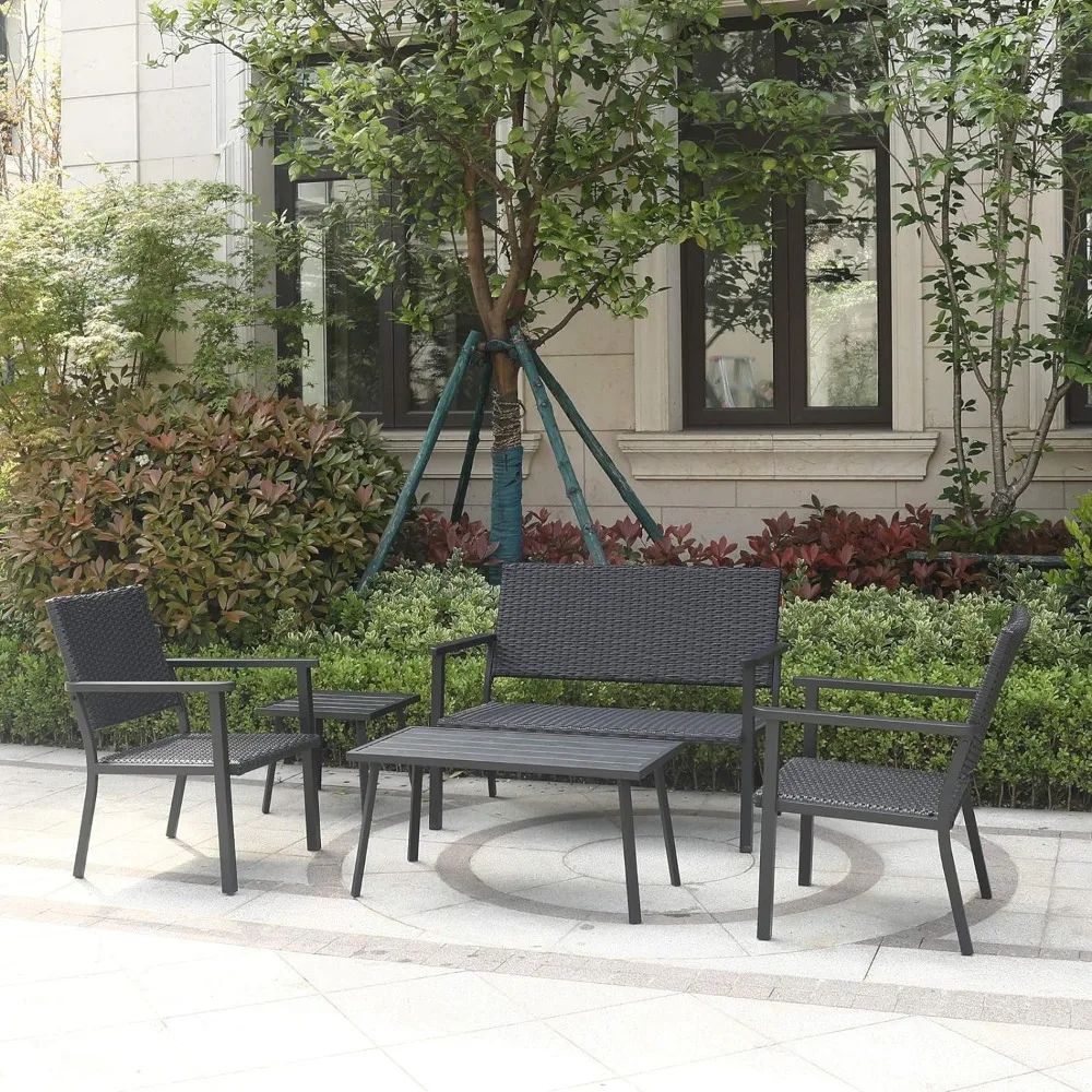 Metal Frame Chairs Loveseat Bench Chair for Outside Patio Porch Black All Weather Wicker Outdoor Furniture