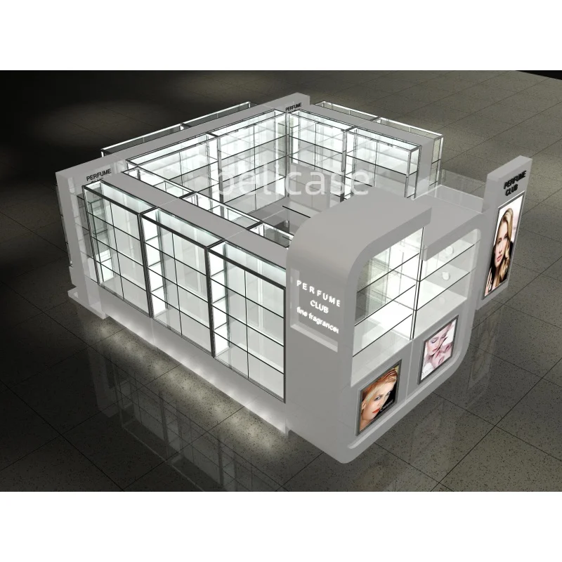 Custom. fashion design makeup showcase modern glass counter perfume display cabinet perfume kiosk stands for mall Perfume booth