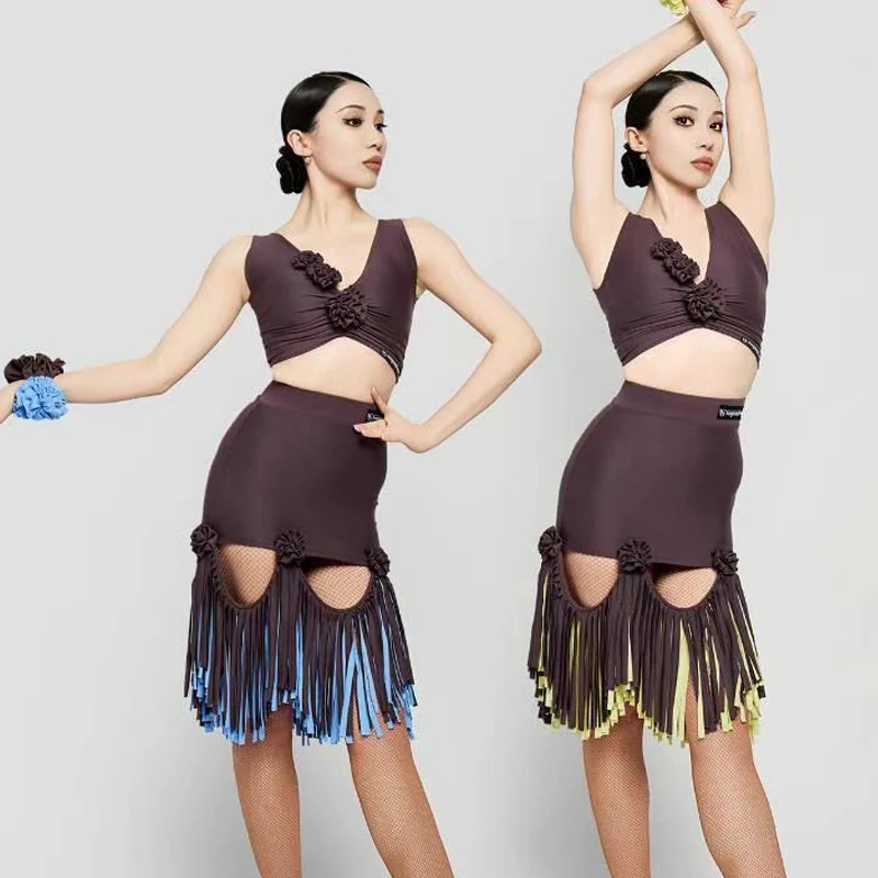 Costume de concours de danse de salon pour femmes, vêtements de danse latine Samba pour adultes, haut sans manches, pantalon de danse moderne SL13123