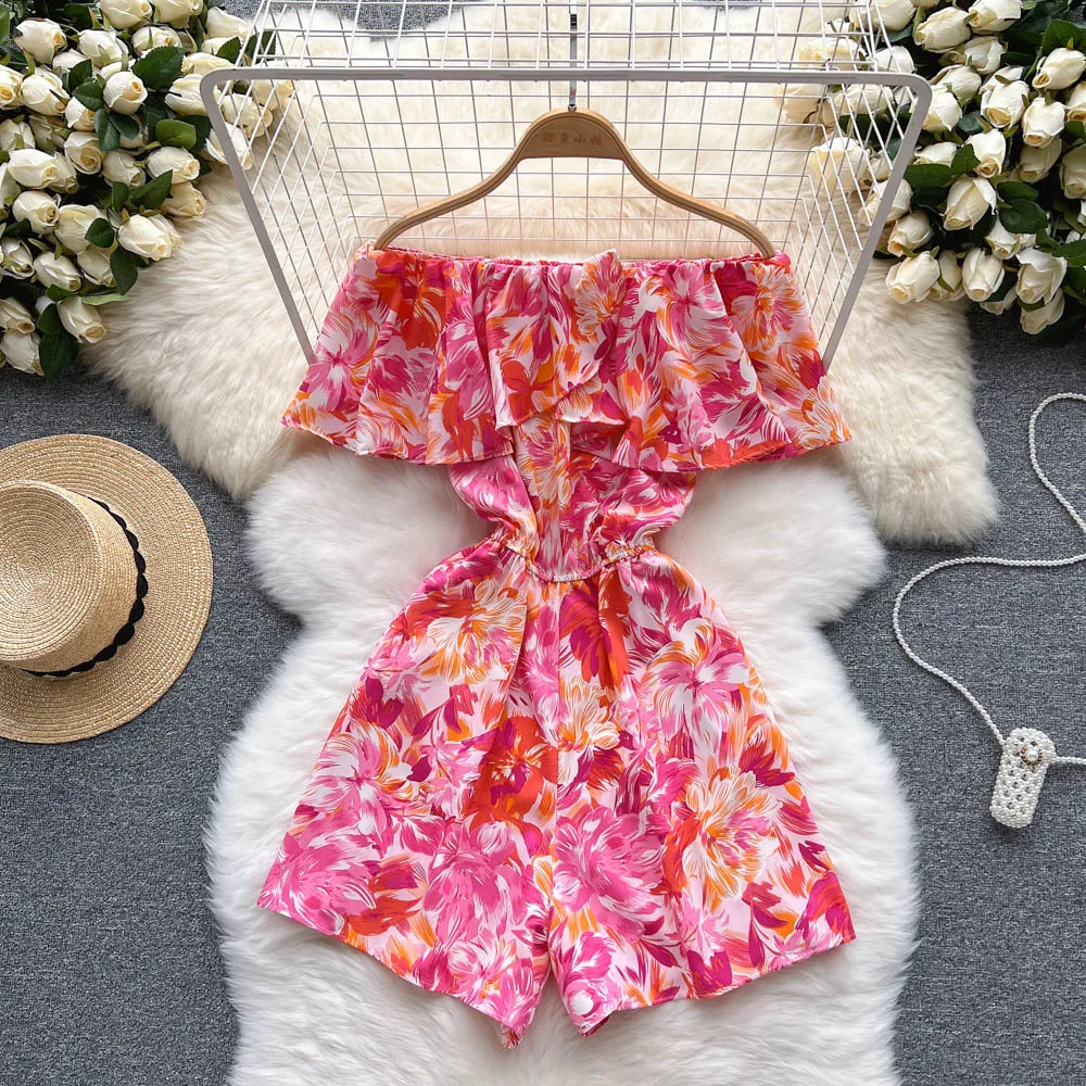 Elegant Floral Short Jumpsuit Woman 2022 Summer One-Piece Outfits Fashion Ruffled One-Shoulder Playsuit