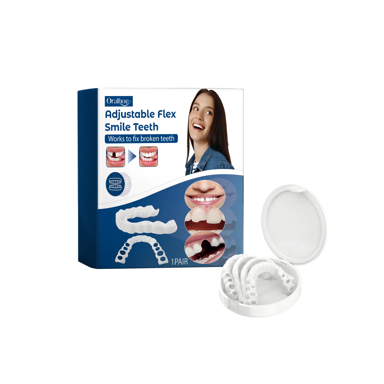 Adjustable Snap-On Dentures, Realistic Dental Veneers, Temporary Dental Repairs, Teeth Alignment and Care