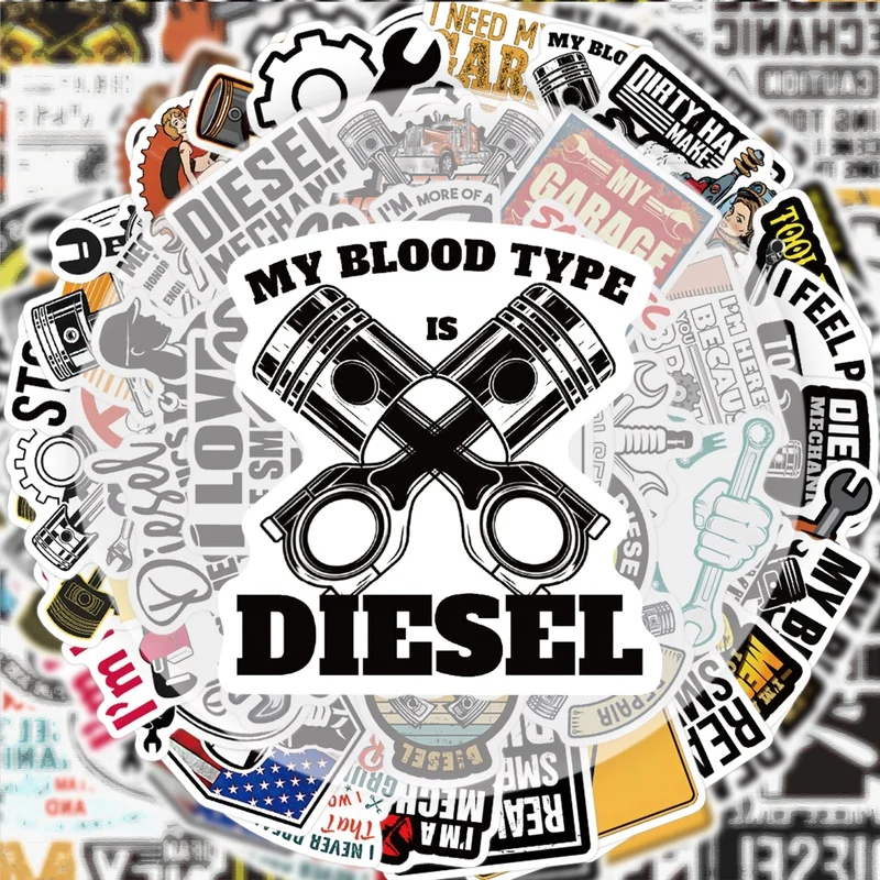 50-Piece Diesel Engine Mechanic Sticker Set, Vibrant Sticker Decals, Multiple Styles Without Duplication, Suitable for Water Bottles, Laptops, Suitcases, Skateboards, Guitars, Party Decorations