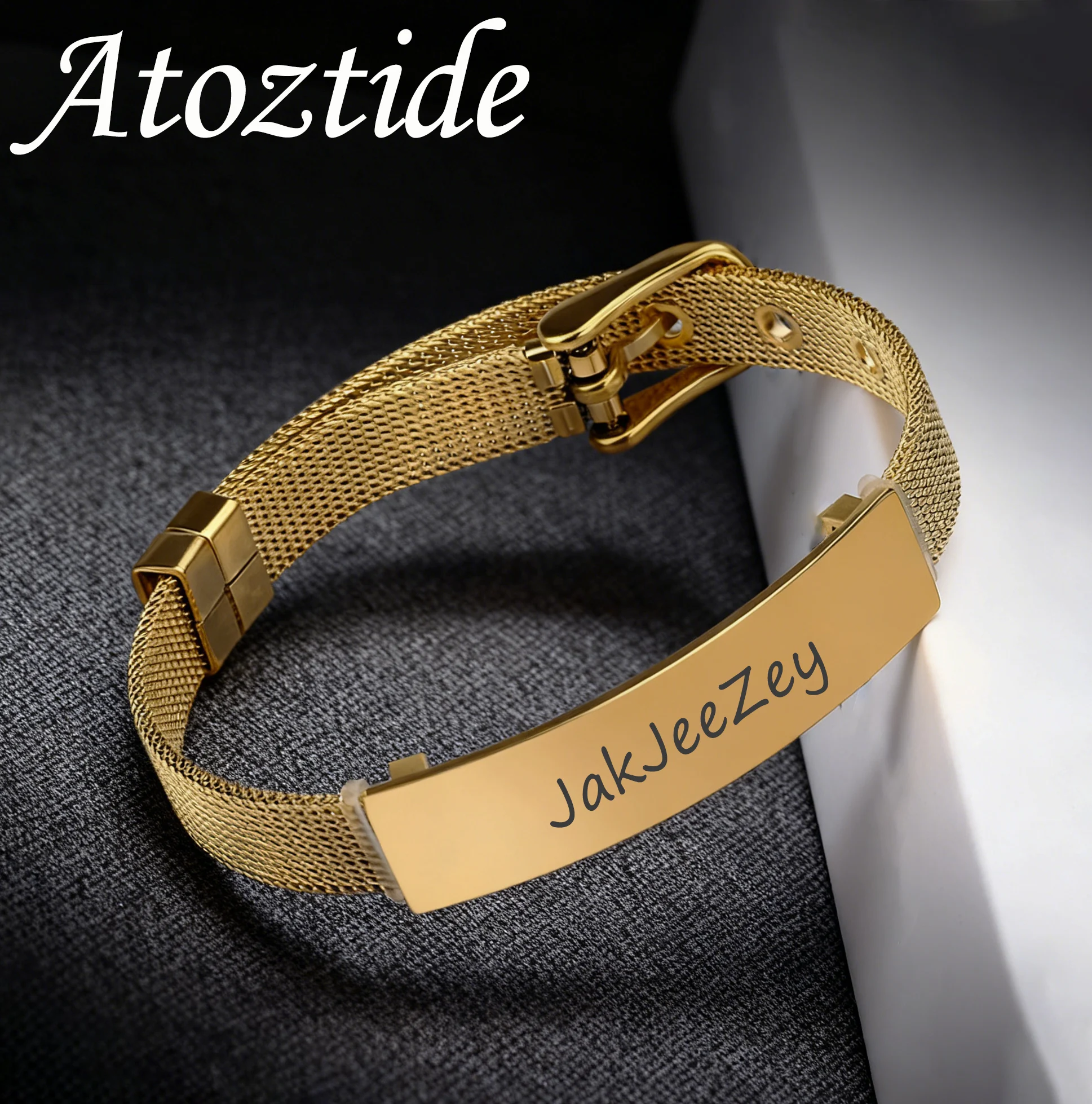 

Atoztide сетчатый браслет с гравировкой имени для женщин и мужчин, ювелирные изделия из нержавеющей стали, браслет с пряжкой, персонализированный подарок на Рождество и день рождения