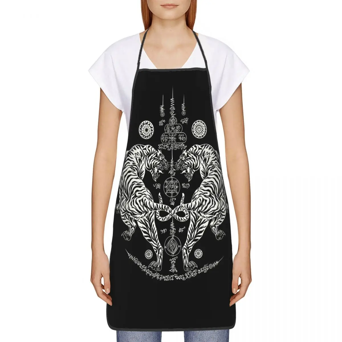 Twin Tiger Sak Yant Tattoo Thailand Muay Schürze Chefkoch Kochen Küche Tablier Lätzchen Küchenreinigung Schürze für Frauen Männer Malerei