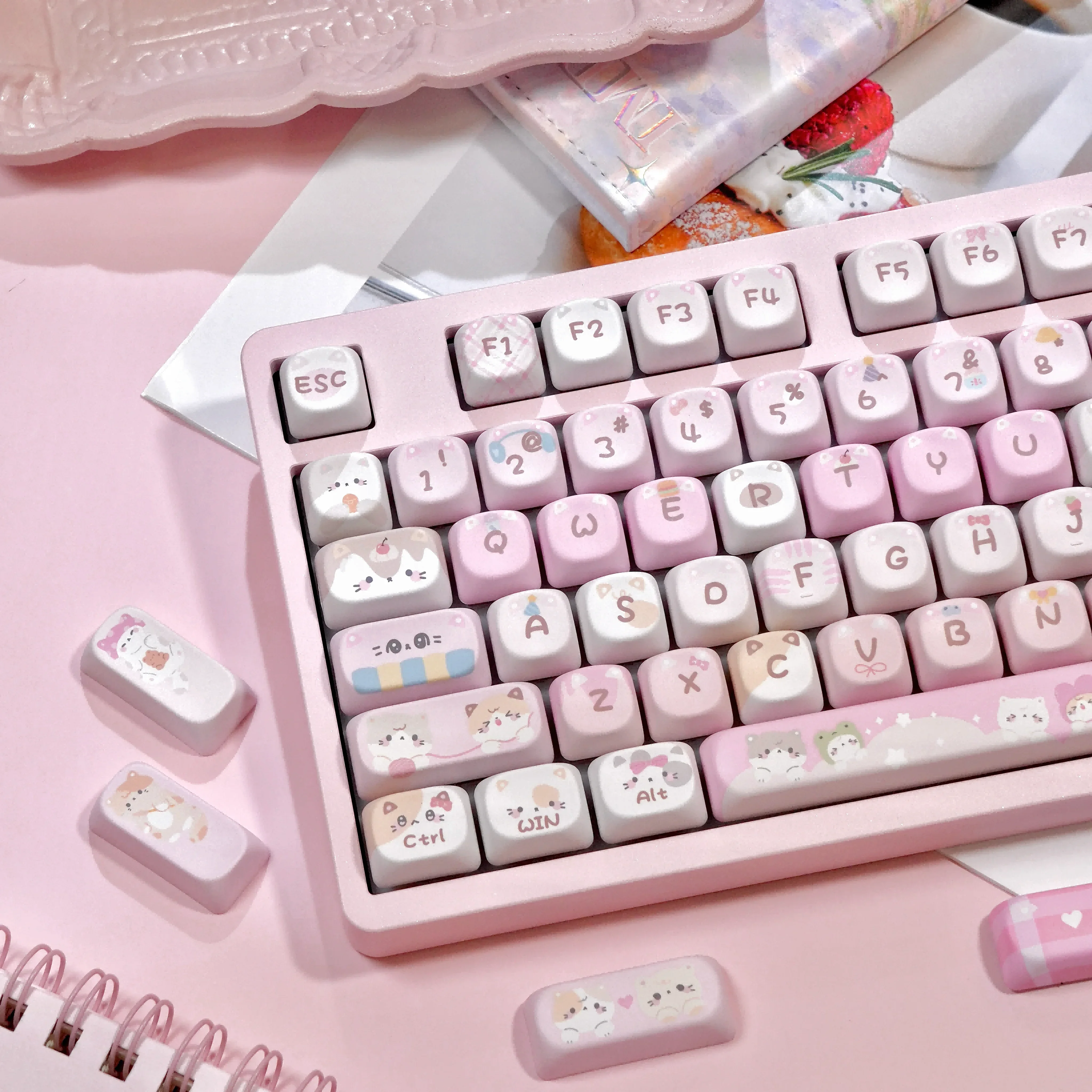 

Meow Team Keycap Set MOA Profile PBT Thermal Sublimation Cute Cat Keycaps for DIY Mechanical Keyboard 126 Keys Pink Key Cap Gift