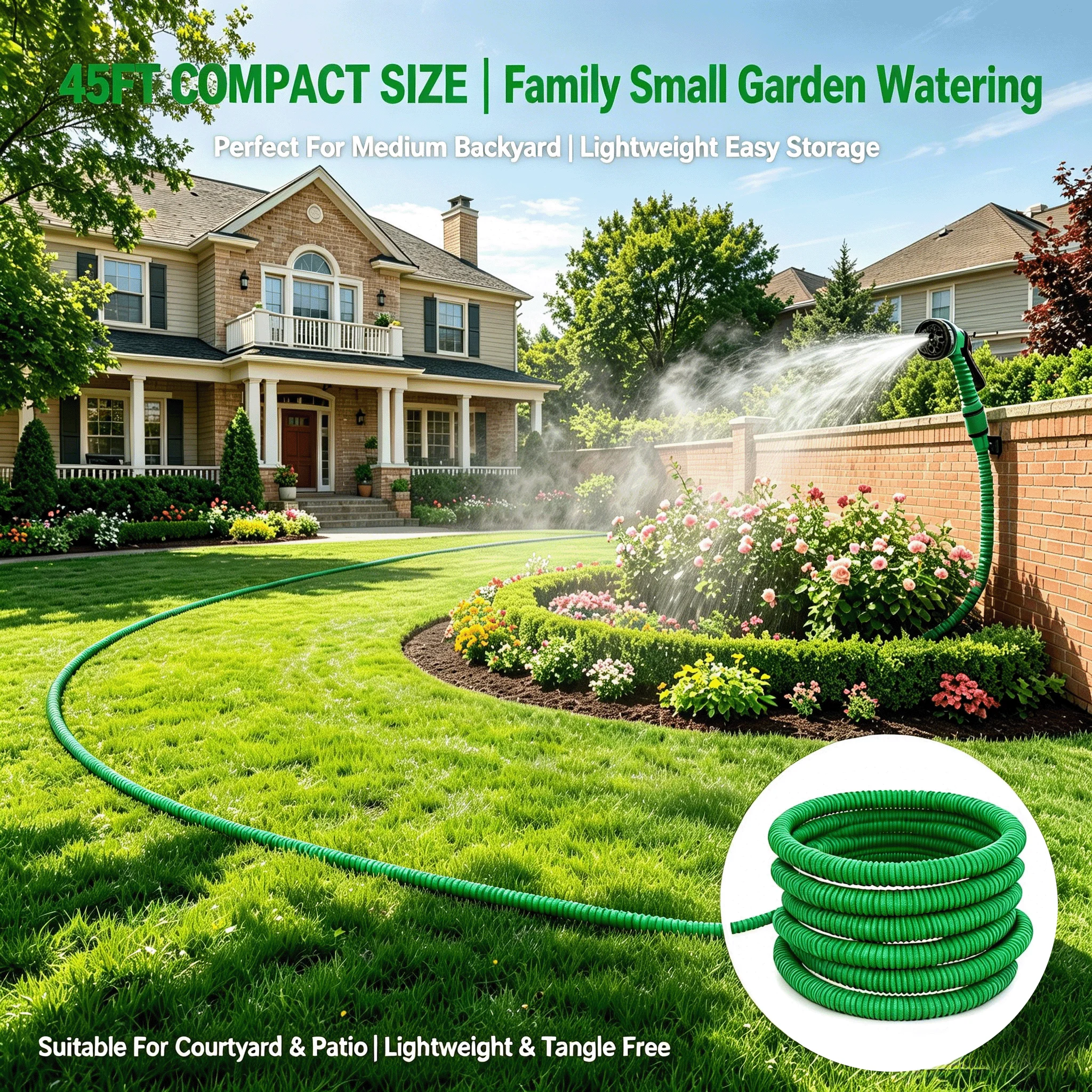 45FT grüner, ausziehbarer Gartenschlauch mit 6 Sprühmustern, Wasserpistole, einziehbarer, flexibler Wasserschlauch für Garten, Rasen, Autowäsche