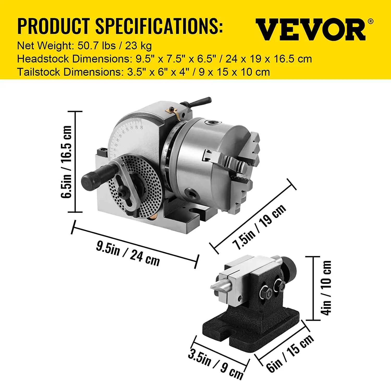 VEVOR 5-Inch Dividing Head Indexing Dividing Head 5 Inch Headstock Adjustable 3-jaw Chuck For Milling Machine