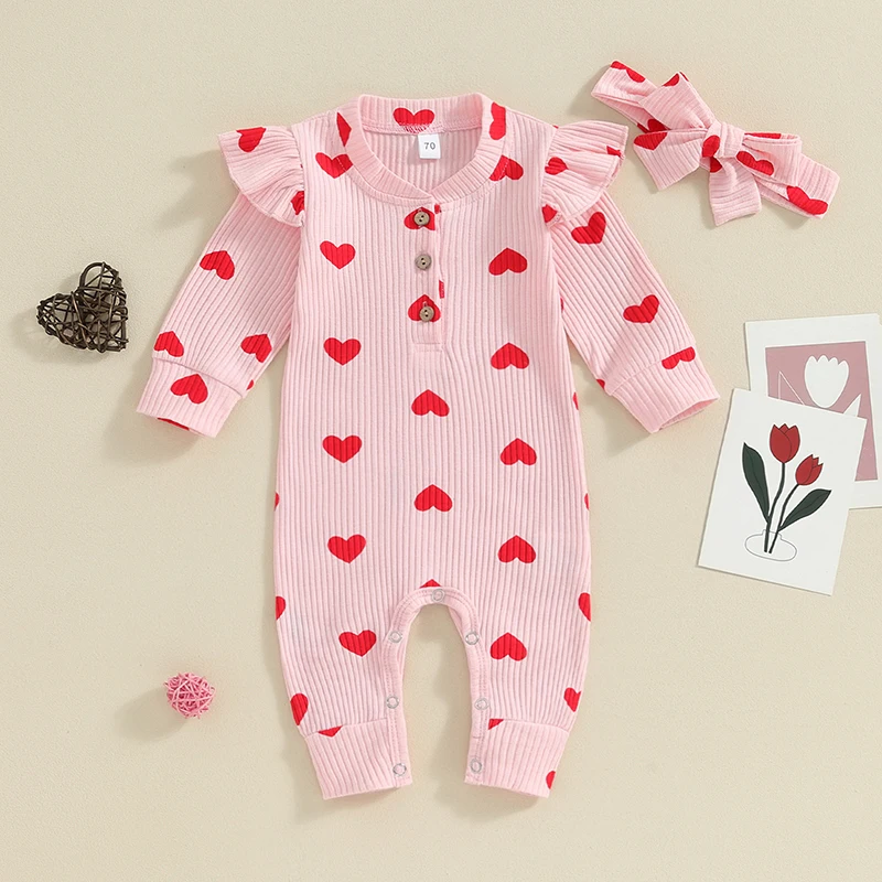 

Infant Baby Girl My First Valentines Day Outfit Heart Print Long Sleeve Button Jumpsuits Romper Bodysuits