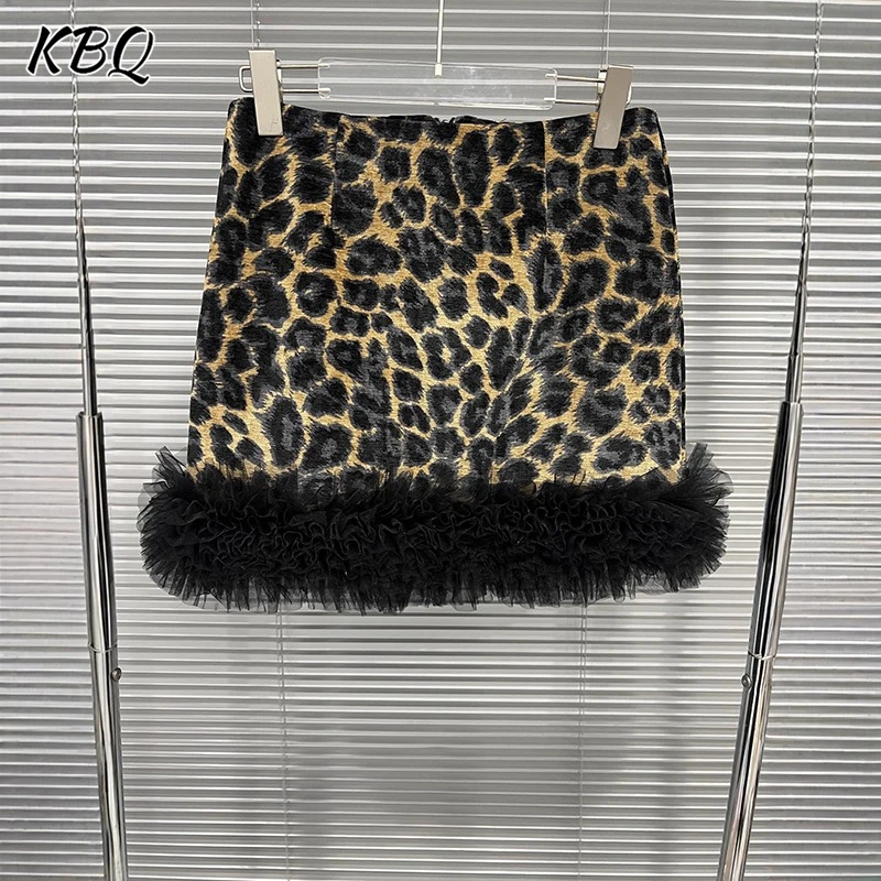 

KBQ Hit Color Splicing Feather Leopard Print Skirt for Women High Waist French Style A Line Hip Hugging Short Skirt Female New