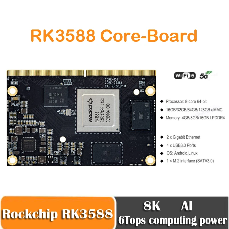 Rockchip rk3588 placa de núcleo 8k ai mini 8-core 64-bit 4gb/8gb/16gb lpddr4 npu 6 topos suporte android