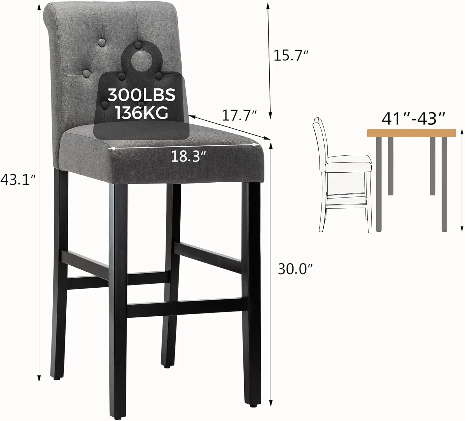 30'' Bar Stools Set Of 4 Bar Height Chairs With Button Tufted Back For Kitchen Island, Gray